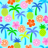 Cute colorful palm tree, hibiscus, pineapple and citrus fruit seamless pattern for summer holidays background.