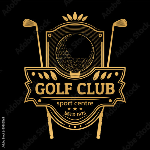 Golf club logo, icon or badge design with ball on a tee and golf sticks. Vintage sport emblem. Tournament or championship label. Vector illustration.