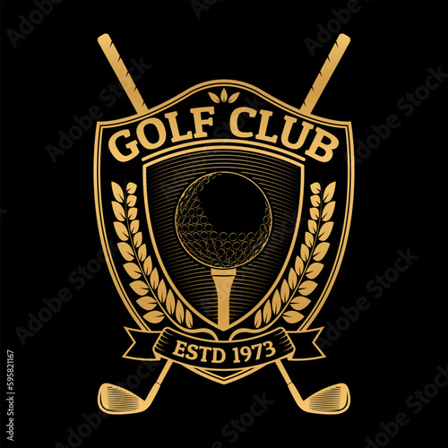 Golf club logo, icon or badge design with ball on a tee and crossed golf sticks. Vintage shield emblem with laurel wreath and ribbon. Sport tournament or championship label. Vector illustration.