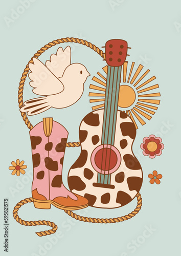 wild west poster with guitar, bird, boot, sun