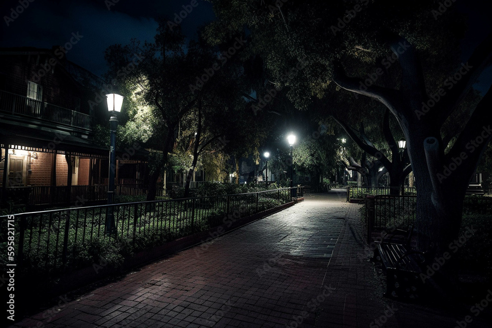 Mysterious Dark Path Into Old Park Area At Night. Generative AI