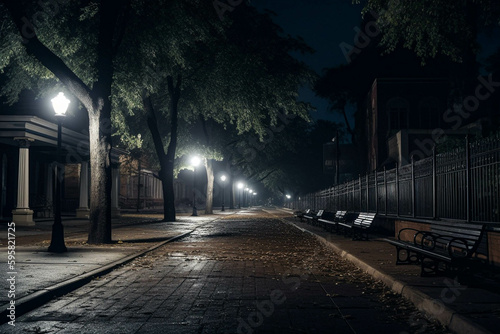 A Dark and Moody Path: Leading to an Old Park Area at Night. Generative AI