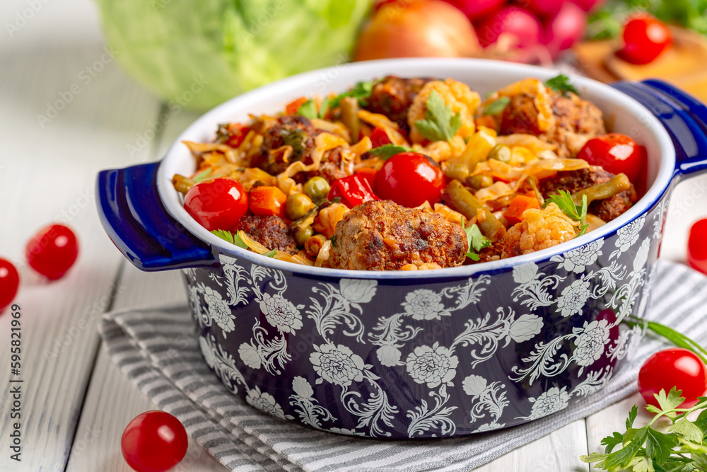Homemade meatballs with stewed vegetables. Homemade meatballs with stewed vegetables.