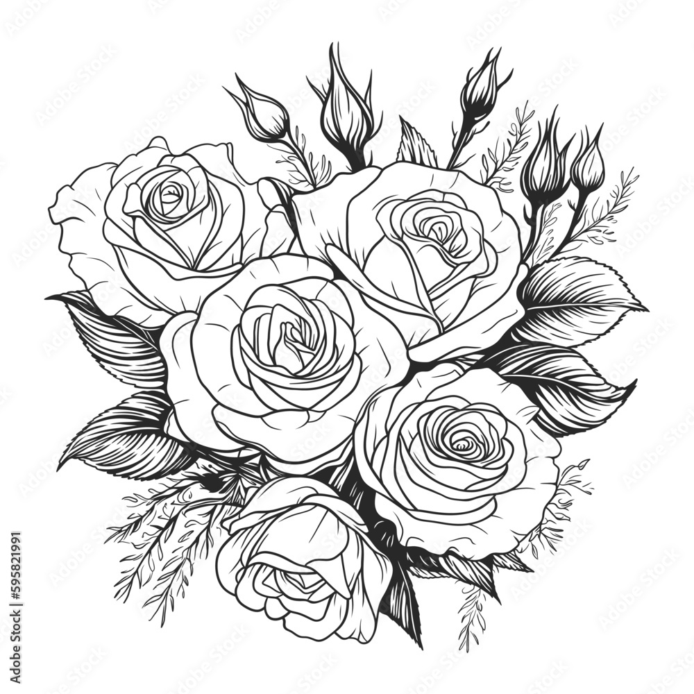 Bucket of roses flower in black and white line art vector illustration