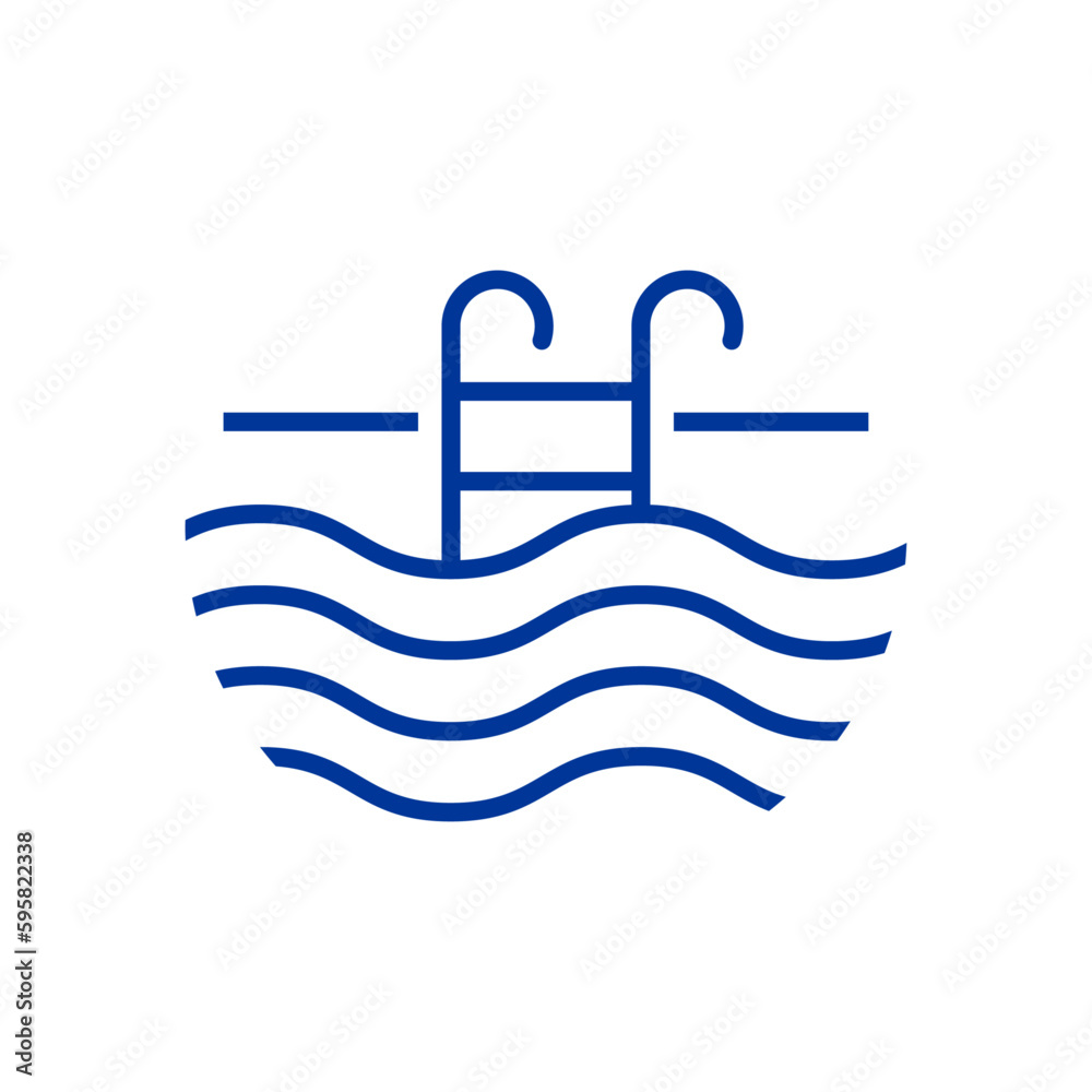 Logo piscina. Vacaciones de verano. Escalera de mano lineal con olas de mar Logo piscina. Vacaciones de verano. Escalera de mano lineal con olas de mar