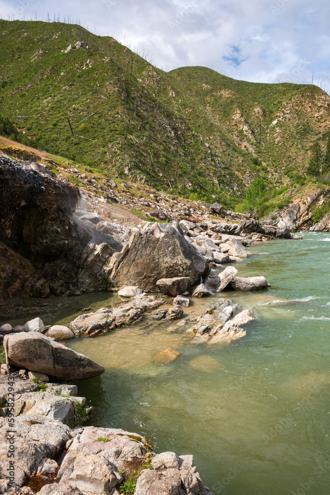 River Winding Through the Sawtooth Mountains, Mountain range in Idaho River Winding Through the Sawtooth Mountains, Mountain range in Idaho