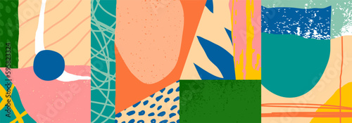 Trendy social media banner template with abstract organic shapes composition in contemporary collage minimal style, vector illustration