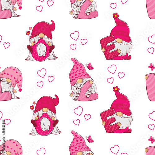 pattern with adorable cartoon gnomes holding letters that spell out the word love