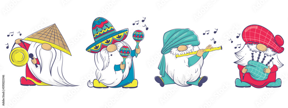 The International Gnome Band clipart. Musical Gnomes in National Costumes