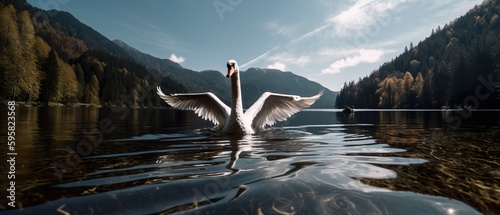 Fototapeta Naklejka Na Ścianę i Meble -  A wide-angle shot of a majestic swan swimming near the shore of a serene lake, generative Ai