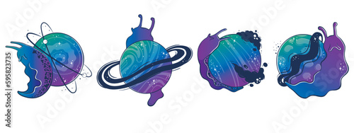 Clipart collection with Mystical slug snails with a space planet instead of a shell-house