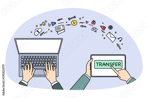 Transferring information and technologies concept. Top view flat-lay of human hands and laptop and transferring information emails to memory vector illustration