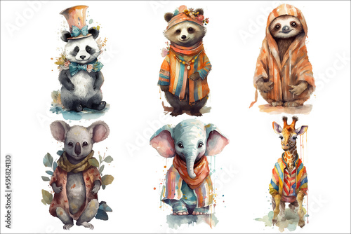 Safari Animal set Panda, bear, sloth, giraffe, koala, elephant in 3d style. Isolated . Generative AI photo