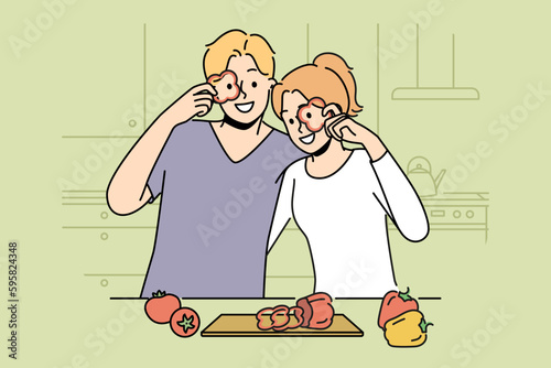 Smiling couple cutting vegetables at home kitchen preparing food together. Happy man and woman cooking on weekend. Cuisine and meal preparation. Vector illustration. 