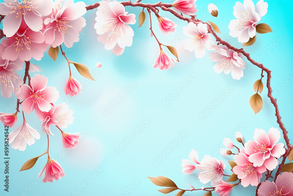 Spring pink blossom frame on light blue background, illustration AI