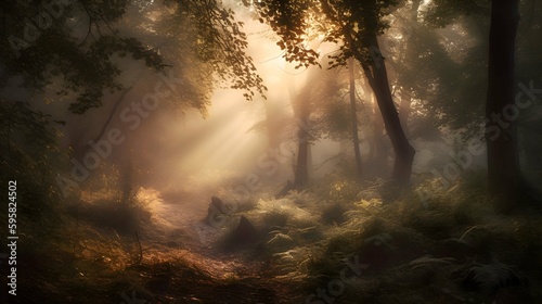 A misty forest at dawn
