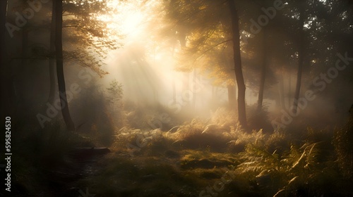 A misty forest at dawn