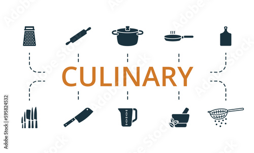 Culinary outline set. Creative icons: grater, rolling pin, stew pan, frying pan, chopping board, kitchen knifes, chopper knife, measuring cup, mortar, strainer.