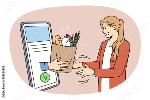 Food Delivery service to home concept. Young smiling woman standing getting food parcel from online from smartphone screen vector illustration