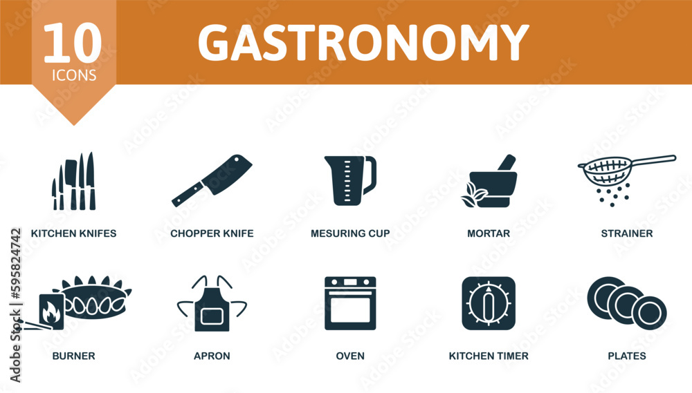 Gastronomy outline set. Creative icons: kitchen knifes, chopper knife, measuring cup, mortar, strainer, burner, apron, oven, kitchen timer, plates.