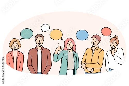 Thankfulness and feeling grateful concept. Group of young positive people standing and pointing and signs with thank you lettering feeling gratefulness vector illustration
