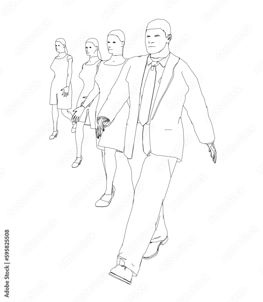 Outline of walking people in a row of black lines isolated on a white background. A man and three women. Vector illustration. Outline of walking people in a row of black lines isolated on a white background. A man and three women. Vector illustration.