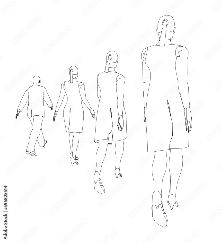Outline of walking people in a row of black lines isolated on a white background. A man and three women. Back view. Vector illustration. Outline of walking people in a row of black lines isolated on a white background. A man and three women. Back view. Vector illustration.