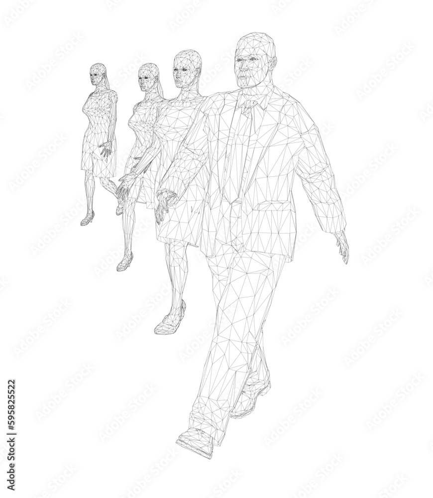 Wireframe of walking people in a row of black lines isolated on white background. A man and three women. Front view. 3D. Vector illustration.