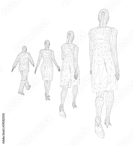 Wireframe of walking people in a row of black lines isolated on white background. A man and three women. Back view. 3D. Vector illustration.