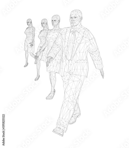 Wireframe of walking people in a row of black lines isolated on white background. A man and three women. Front view. 3D. Vector illustration.