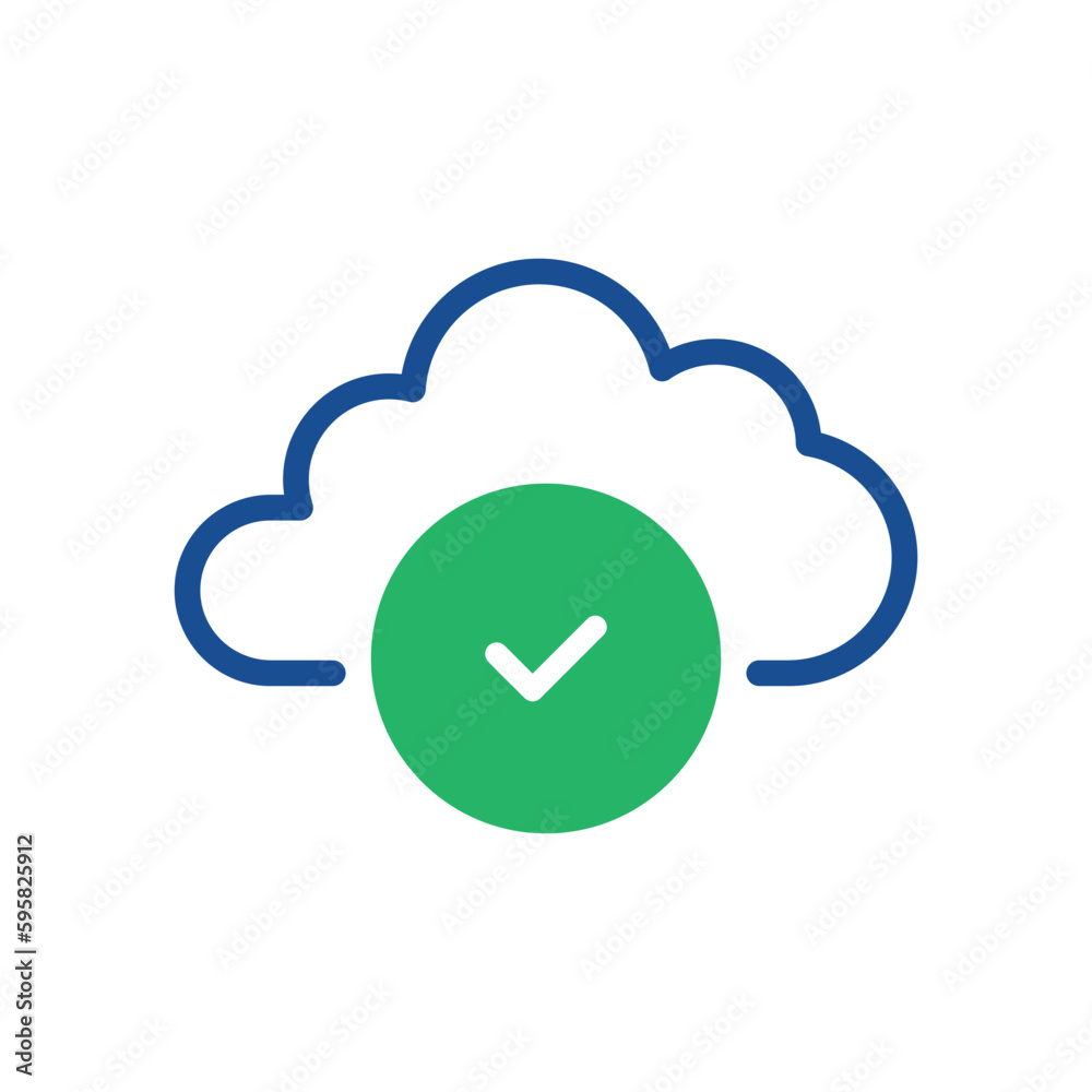 thin line blue cloud icon with green checkmark. concept of data synchronization or connect and mobile app pictogram. flat outline trend modern logotype graphic simple design element isolated on white thin line blue cloud icon with green checkmark. concept of data synchronization or connect and mobile app pictogram. flat outline trend modern logotype graphic simple design element isolated on white