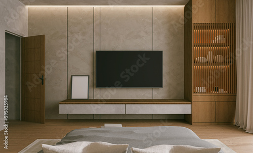 Modern Luxury interior of gray bedroom with double bed and tv, 3D rendering	