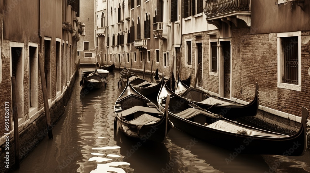 Gondolas at Venice canals. Generative AI. Gondolas at Venice canals. Generative AI.