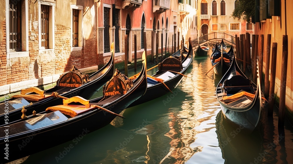 Gondolas at Venice canals. Generative AI.