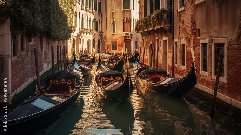 Gondolas at Venice canals. Generative AI.
