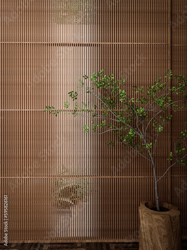 Modern Japanese atyle room with sunlight from blinds window and tree. 3D rendering vertical image	 photo