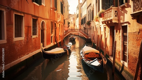 Valokuva Gondolas at Venice canals. Generative AI.