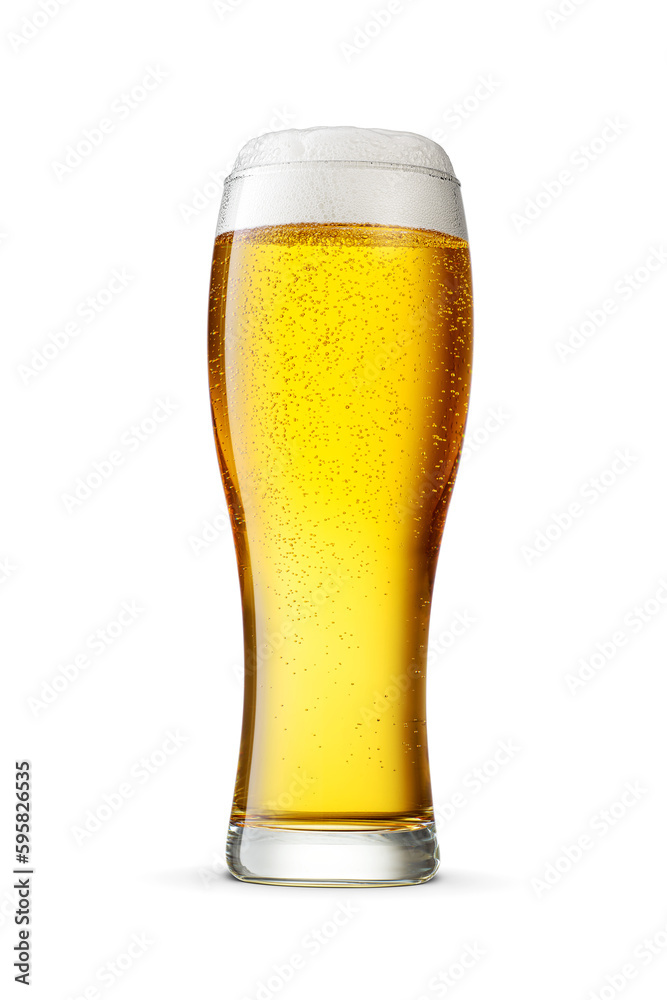 Weizen glass of fresh yellow beer with cap of foam isolated. Transparent PNG image. Weizen glass of fresh yellow beer with cap of foam isolated. Transparent PNG image.