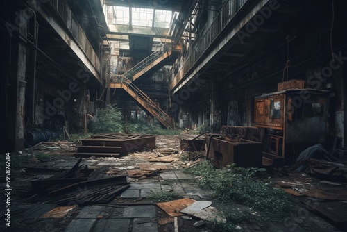 Abandoned factory in highly polluted area. Generative AI