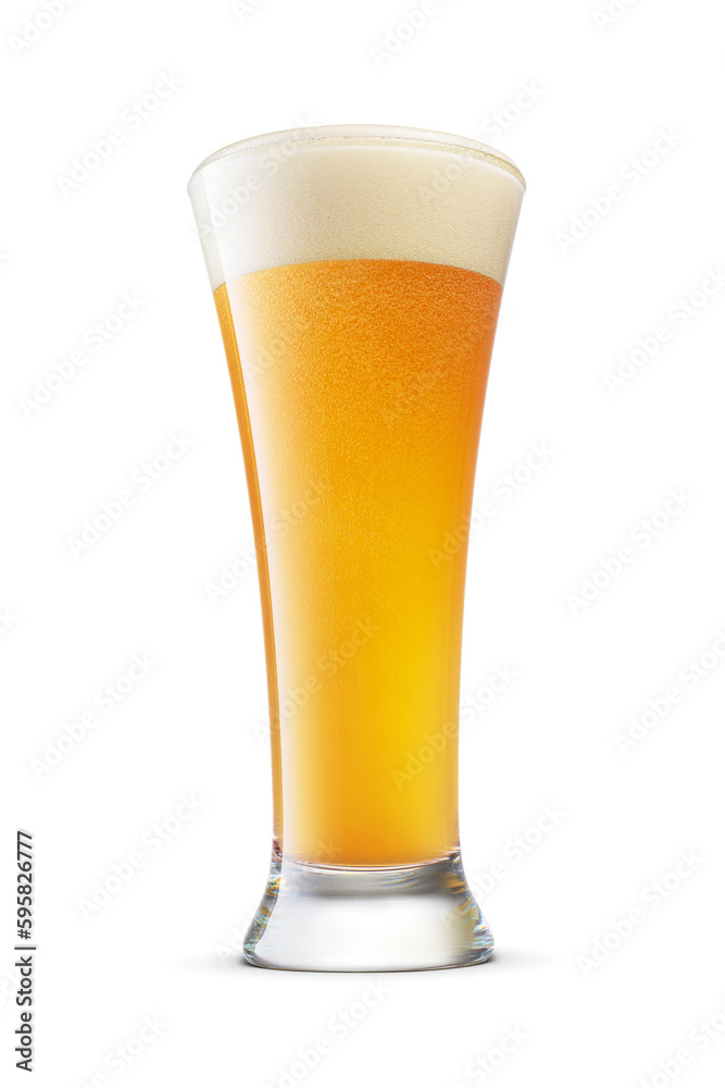 Pilsner glass of fresh yellow wheat unfiltered beer with cap of foam isolated. Transparent PNG image.