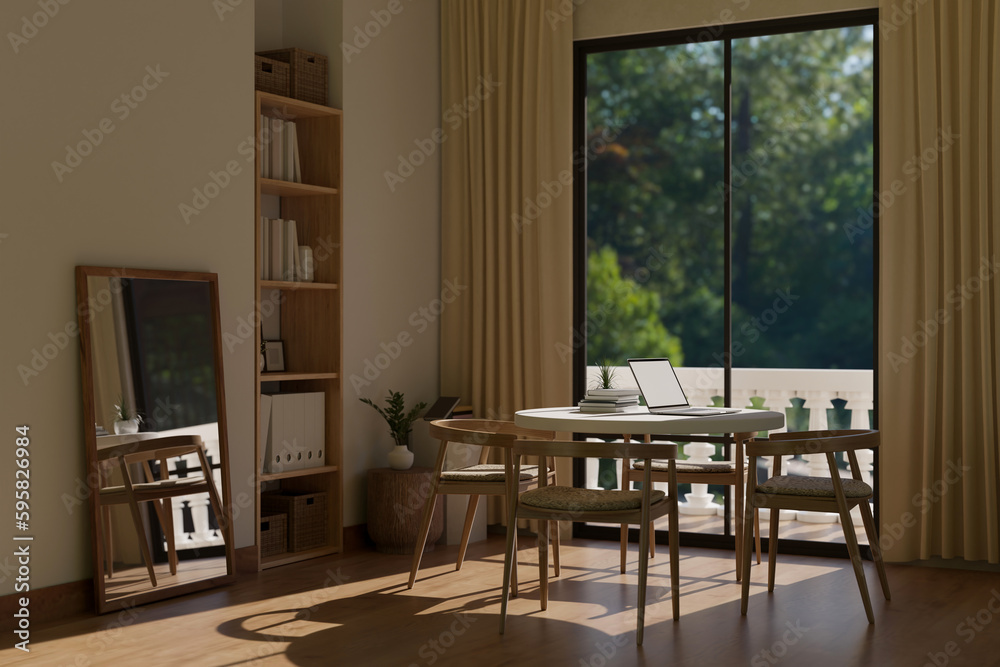 Modern contemporary dining room with laptop mockup on a dining table near the window