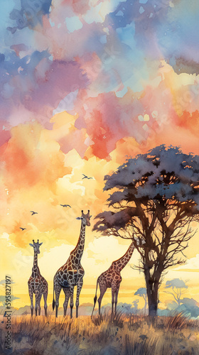 Watercolor painting that shows a herd of giraffes walking in front of the sunset across the savannah - ai generative