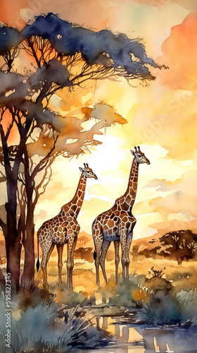 Watercolor painting that shows a herd of giraffes walking in front of the sunset across the savannah - ai generative