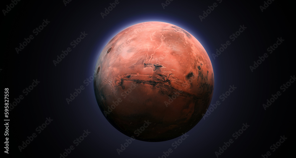 Fototapeta premium Mars planet in black deep space. Minimalistic sci-fi wallpaper. Mars globe with light. Red planet. Elements of this image furnished by NASA