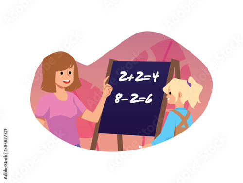 Young nanny woman and child girl learning math flat style