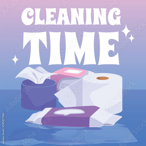 Cleaning supplies - wet and dry wipes, poster template, flat vector illustration.