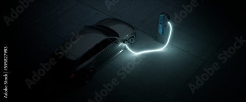 Generic electric EV hybrid vehicle is charging on a station inside a dark garage, cable is glowing, renewable energy concept
