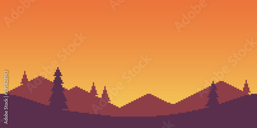 Colorful simple vector pixel art horizontal illustration of morning mountain landscape with fir trees in retro platformer style