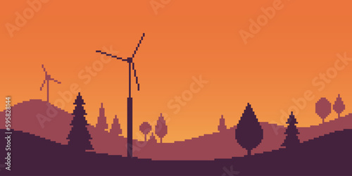 Colorful simple vector pixel art horizontal illustration of mountain landscape with trees and electric windmills in retro platformer style