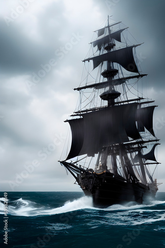 black pirate ship at sea in a storm